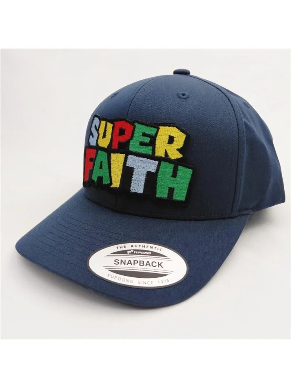 Retro Super Faith Embroidered Patch Hat Yupoong Blue Full Cloth Snapback Jesus